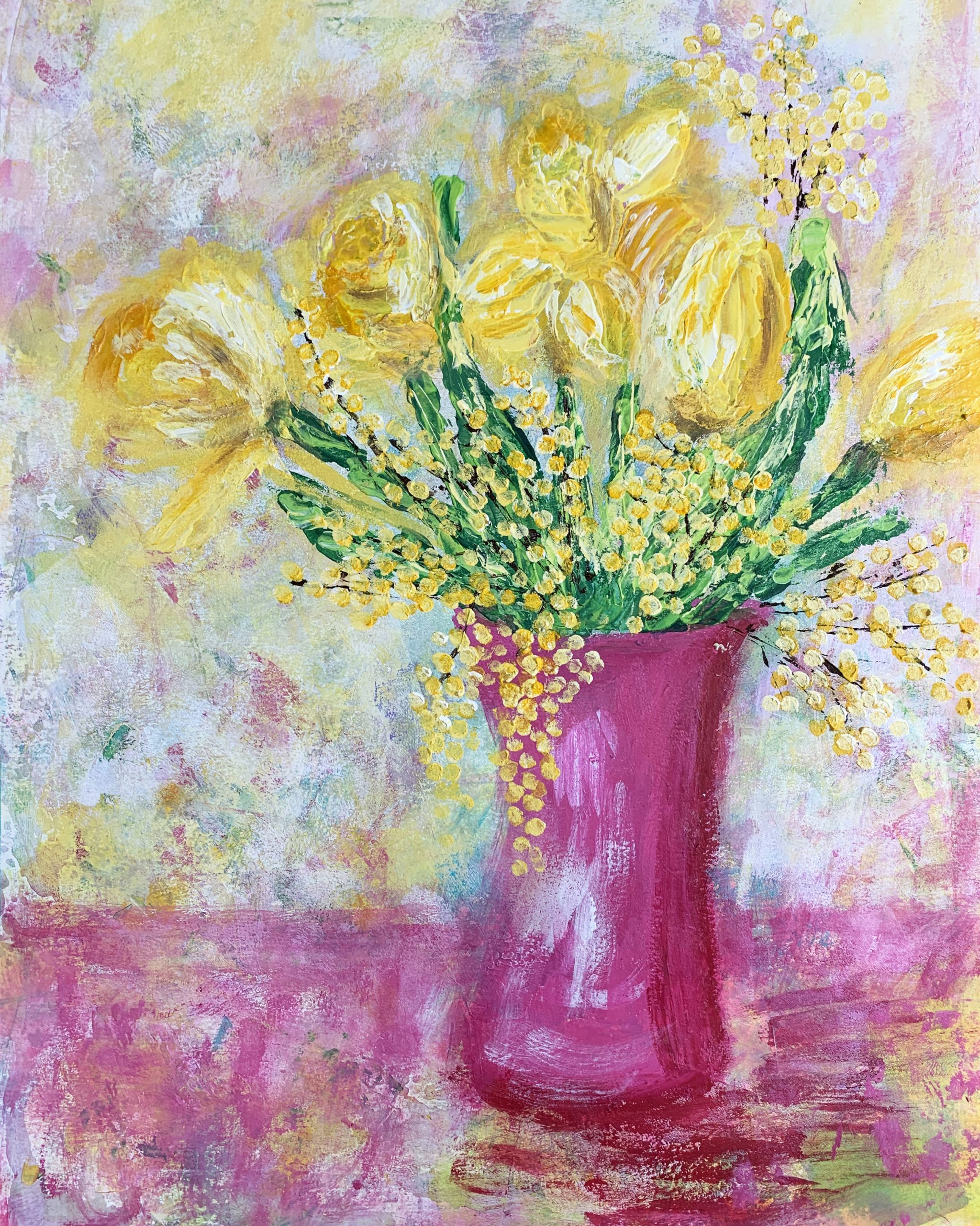 Yellow Flowers in a Pink Vase